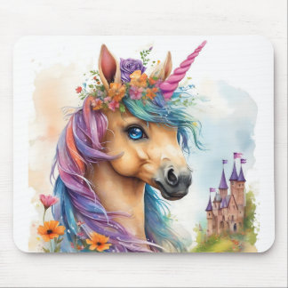 Dreamy Unicorn Watercolor with Castle and Flowers Mouse Mat