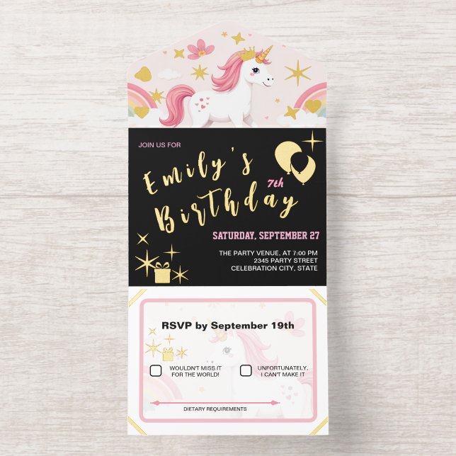 Dreamy Unicorns, Rainbows, Flowers / Birthday All In One Invitation (Inside)