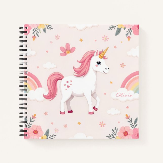 Dreamy Unicorns, Rainbows, Flowers, Girly Notebook (Front)