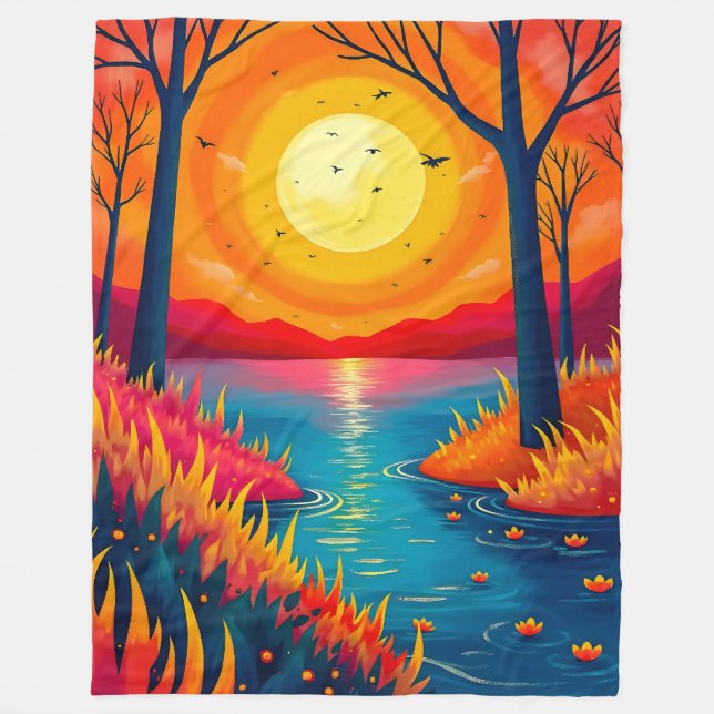 Dreamy Vibrant Sunset Lake Forest Illustration Fleece Blanket (Front)