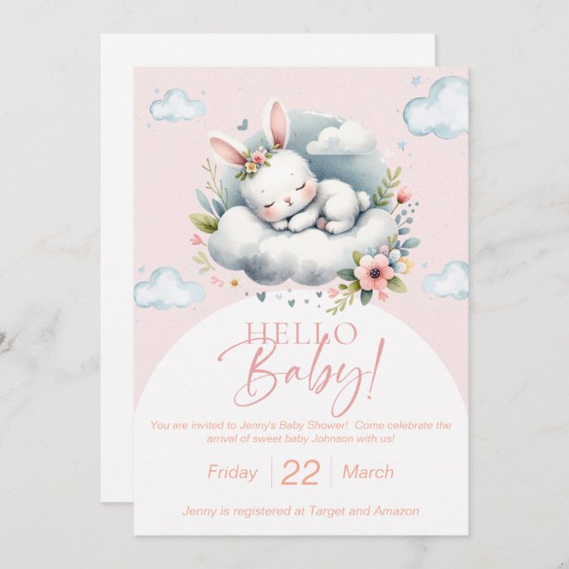 Dreamy watercolor bunny baby shower invitation (Front/Back)