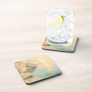 Dreamy Watercolor Coastal Cliffs at Sunrise Coaster