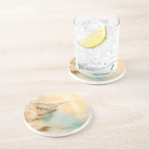Dreamy Watercolor Coastal Cliffs at Sunrise Coaster