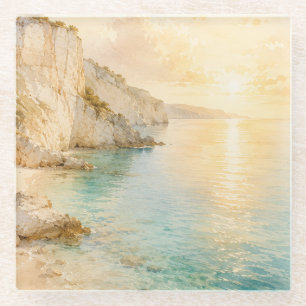 Dreamy Watercolor Coastal Cliffs at Sunrise Glass Coaster