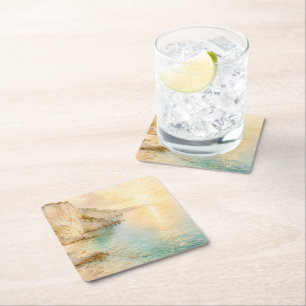 Dreamy Watercolor Coastal Cliffs at Sunrise Square Paper Coaster