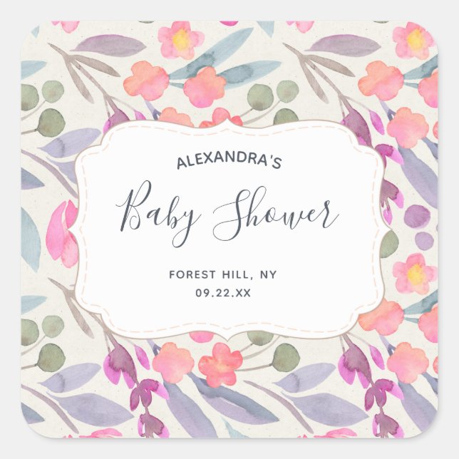 Dreamy Watercolor Floral | Baby Shower Square Sticker (Front)