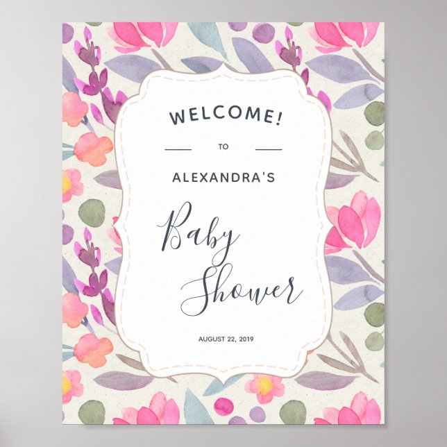 Dreamy Watercolor Floral | Baby Shower Welcome Poster (Front)