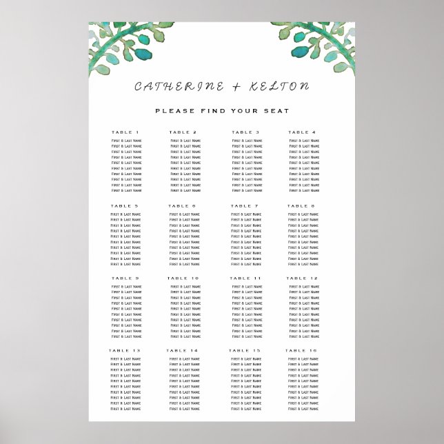 Dreamy Watercolor Greenery Wedding Seating Chart (Front)