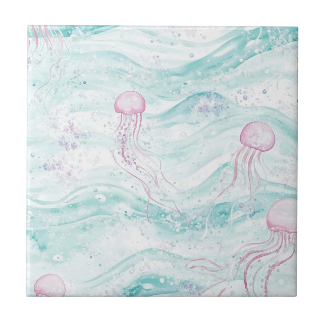 Dreamy Watercolor Jellyfish Ocean Pattern (4) Tile (Front)