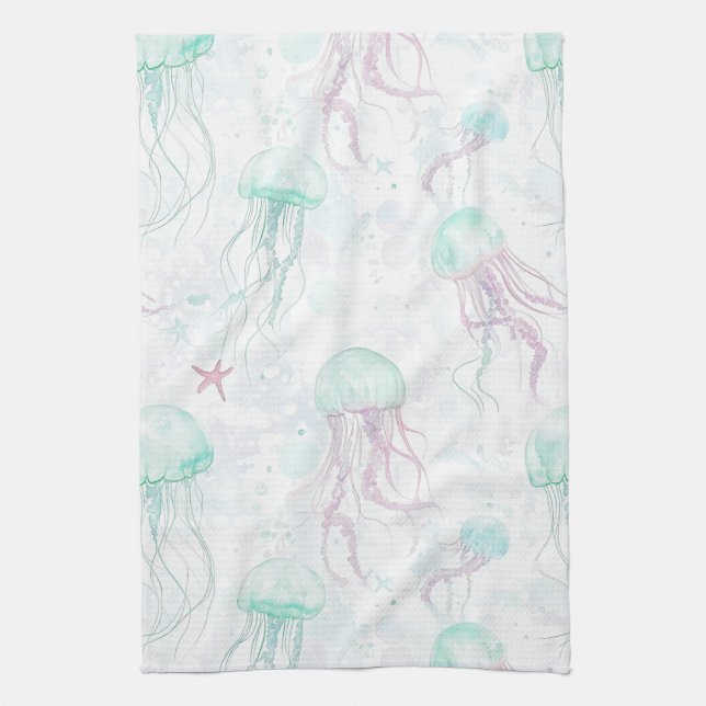 Dreamy Watercolor Jellyfish Ocean Pattern Tea Towel (Vertical)