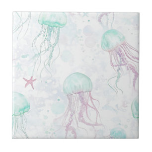 Dreamy Watercolor Jellyfish Ocean Pattern Tile