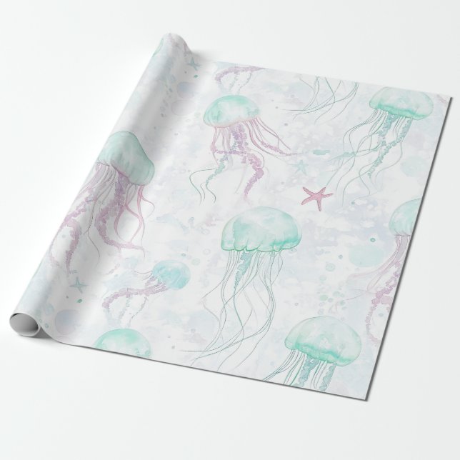 Dreamy Watercolor Jellyfish Ocean Pattern Wrapping Paper (Unrolled)