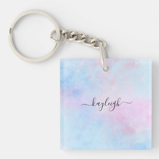 Dreamy Watercolor Pink Blue Turquoise Key Ring (Front)