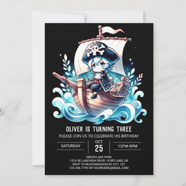 Dreamy Watercolor Pirate Birthday Invitation (Front)
