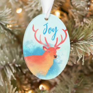 Dreamy Watercolor Red Reindeer Joy Oval Ornament