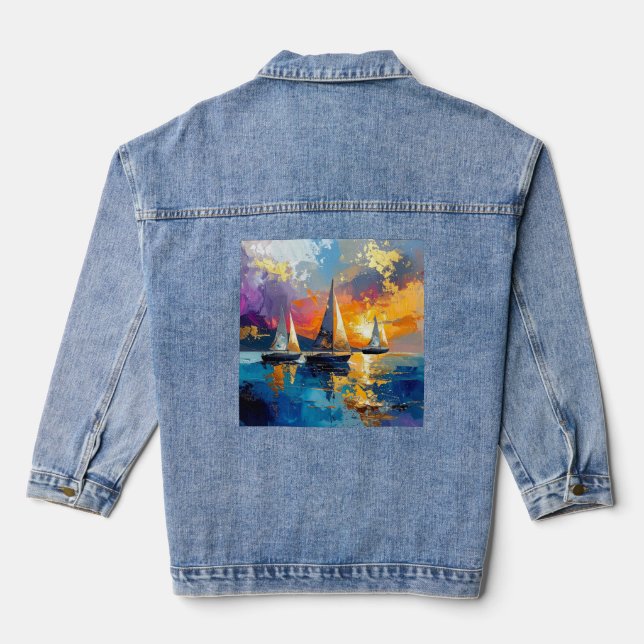 Dreamy Watercolor Sailboats Denim Jacket (Back)