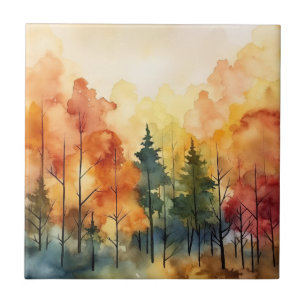 Dreamy Watercolor Trees in Warm Autumn Palette Tile