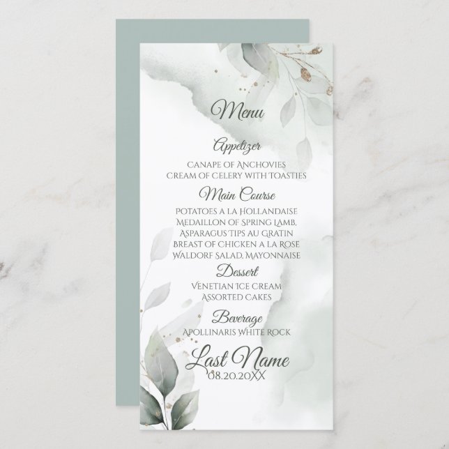 Dreamy Wedding Menu Watercolor Greenery  (Front/Back)