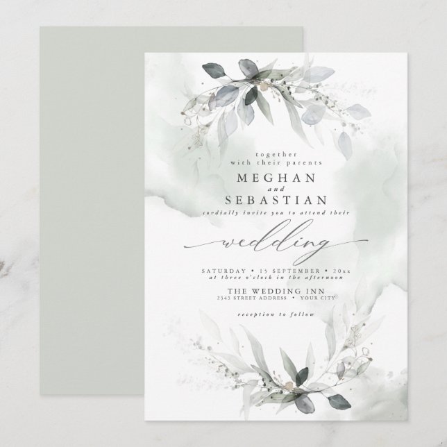 Dreamy Wedding Watercolor Greenery Invitation (Front/Back)