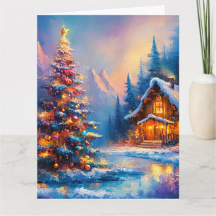 Dreamy Whimsical Mountain Christmas Cabin Card
