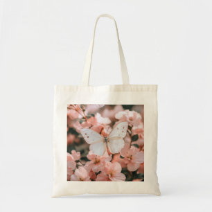 Dreamy White Butterfly on Soft Pink Blossoms Tote Bag