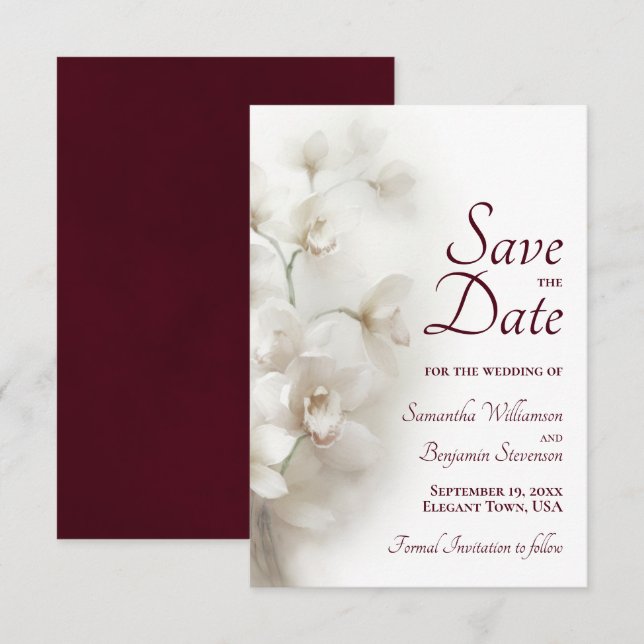 Dreamy White Orchids Burgundy Text Wedding Save The Date (Front/Back)