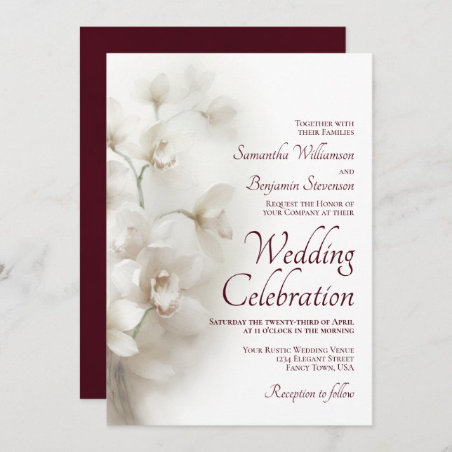 Dreamy White Orchids Elegant Burgundy Wedding Invitation (Front/Back)