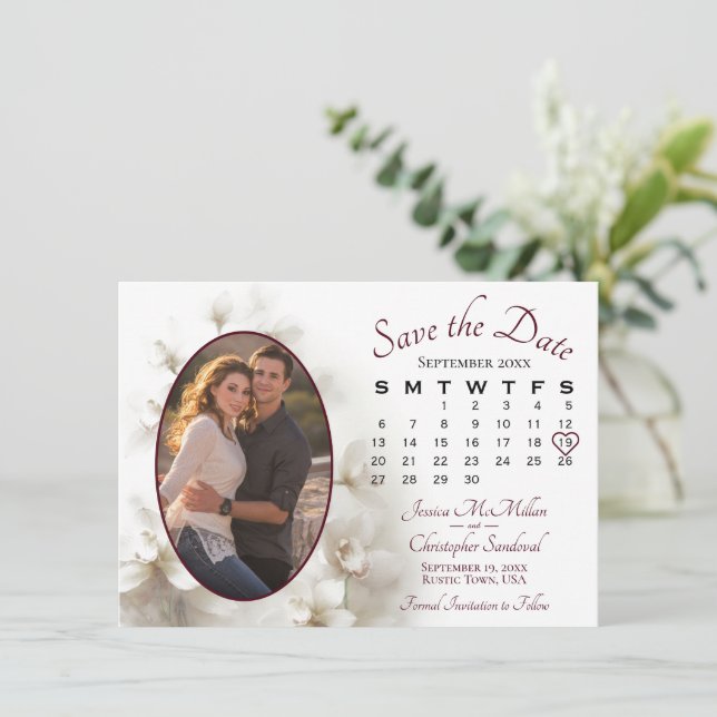 Dreamy White Orchids Wedding Calendar & Photo Save The Date (Standing Front)