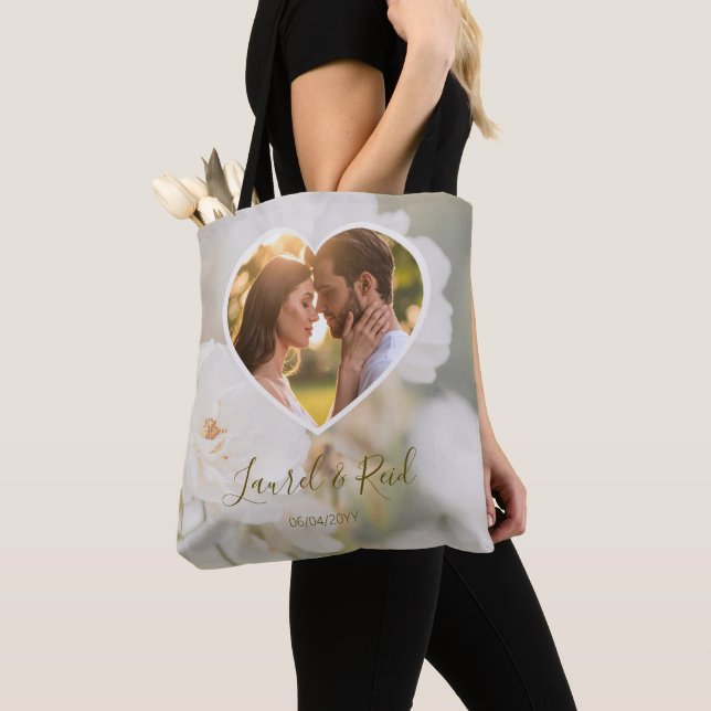 Dreamy White Rose Custom Photo Wedding Names Tote Bag (Close Up)
