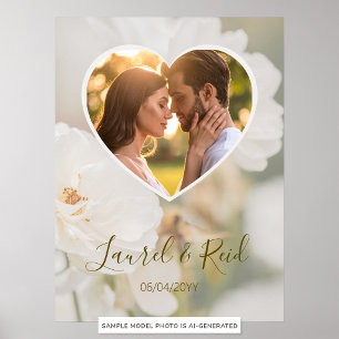 Dreamy White Rose Heart Photo Newlywed Wedding Poster