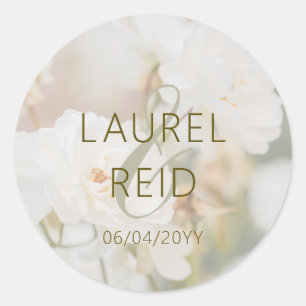 Dreamy White Rose Photo With Names Elegant Wedding Classic Round Sticker