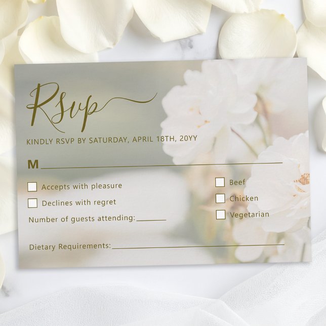Dreamy White Roses Background Photo Wedding RSVP Card (Creator Uploaded)