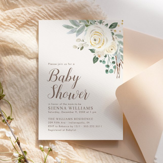 Dreamy White Winter Floral Baby Shower Invitation (Creator Uploaded)