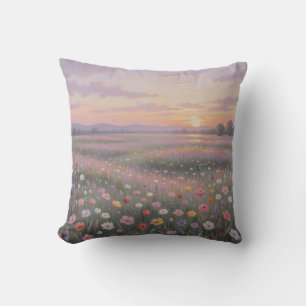 Dreamy Wildflower Meadow Sunset Pastel Landscape Cushion