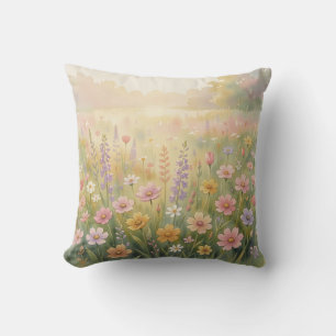 Dreamy Wildflower Meadow Watercolor Pastel Floral Cushion