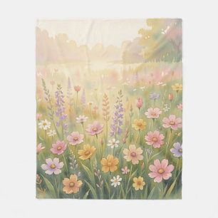 Dreamy Wildflower Meadow Watercolor Pastel Floral Fleece Blanket
