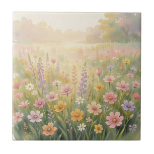 Dreamy Wildflower Meadow Watercolor Pastel Floral Tile
