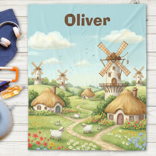 Dreamy Windmill Village Fleece Blanket (Creator Uploaded)