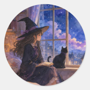 Dreamy Witch by the Moonlit Window Sticker