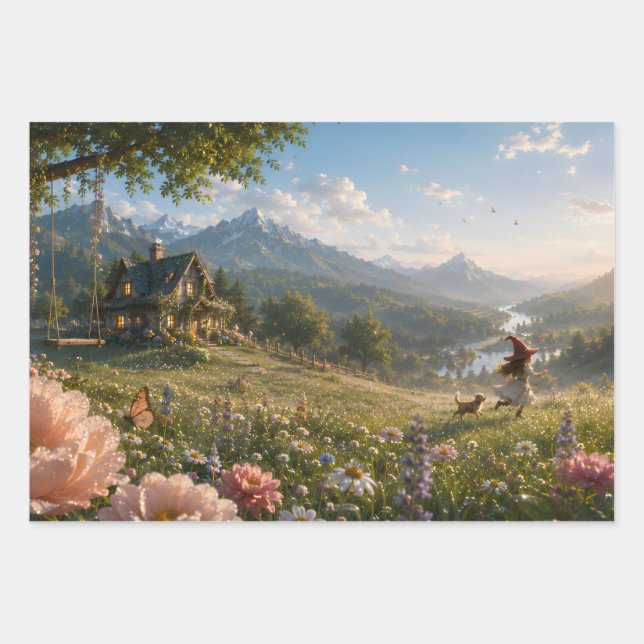 Dreamy Witch Meadow Wrapping Paper Sheets (Front)