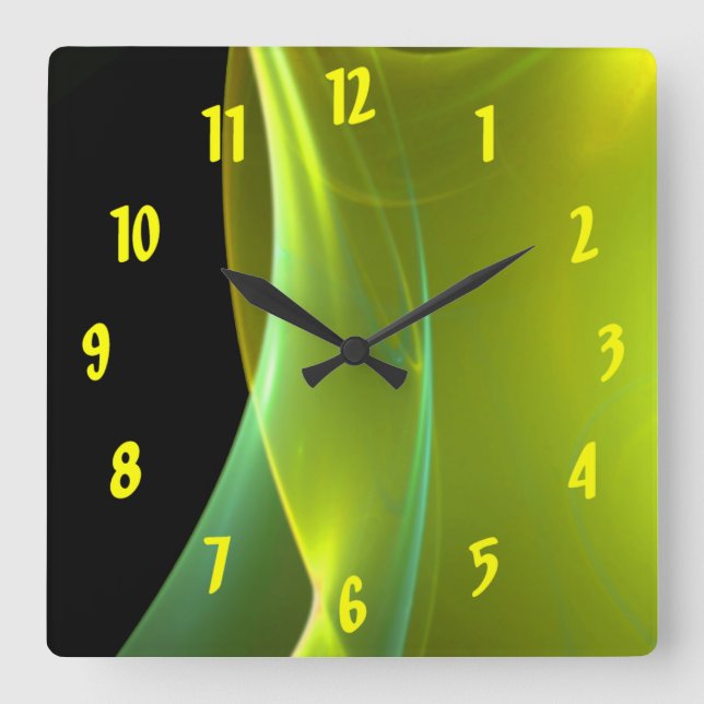 Dreamy Yellow and Green Sweep Fractal Square Wall Clock (Front)