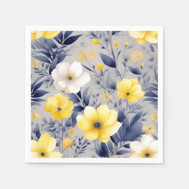 Dreamy Yellow and Grey Watercolor Floral Napkin (Front)