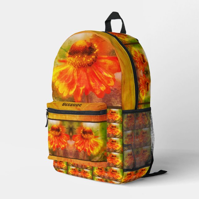 Dreamy Zinnia Flower Vintage Personalised Printed Backpack (Back Corner Right)