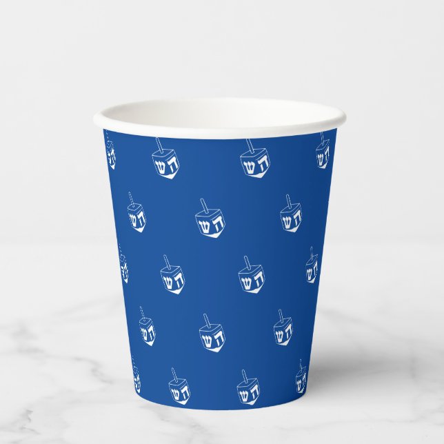 Dreidel blue and white pattern Hanukkah party Paper Cups (Front)