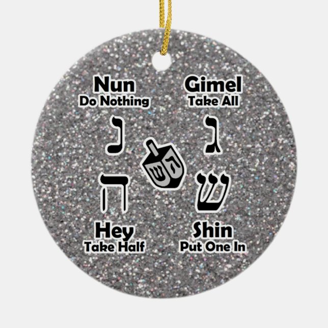 Dreidel Instructions Happy Hanukkah Silver Glitter Ceramic Tree Decoration (Front)