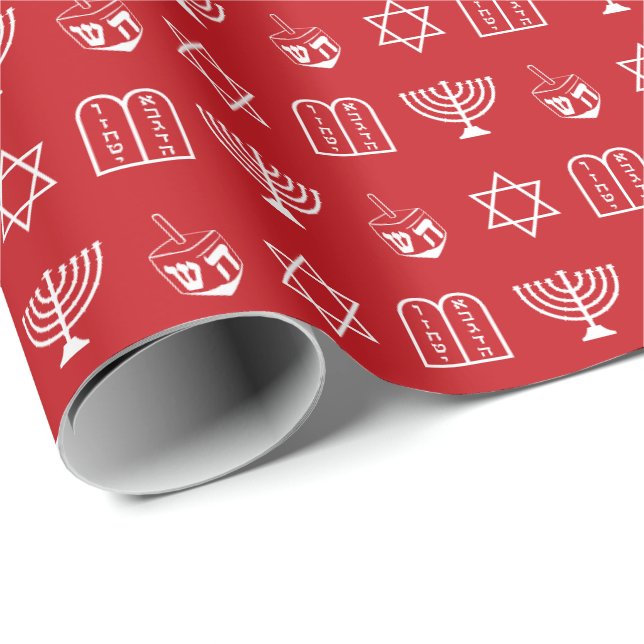 Dreidel menorah Torah Star of David red Hanukkah  Wrapping Paper (Roll Corner)