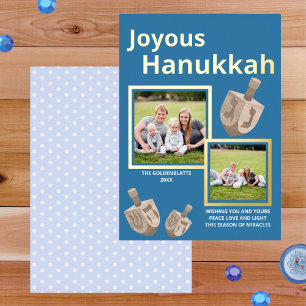 Dreidel Rustic Oak Blue 2 Photo Joyous Hanukkah Foil Holiday Card