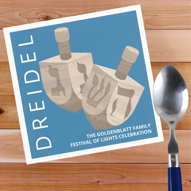 Dreidel Rustic Oak Blue Personalised Hanukkah Napkin (These personalized Hanukkah paper napkins will add a custom touch to of your parties and gatherings)