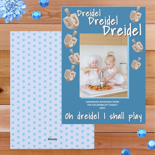 Dreidel Rustic Oak Blue Photo Celebrate Hanukkah Holiday Card (These cute photo Hanukkah cards are so easy to personalize with your photo and holiday text)
