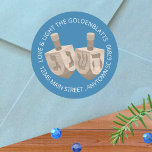 Dreidel Rustic Oak Cute Blue Any Text Hanukkah Classic Round Sticker<br><div class="desc">Add your own text to these blue and rustic dreidels stickers with a fun Hanukkah theme. From envelope seals that double as return address labels to decorations for packages and bags, these personalised Hanukkah stickers will add a custom touch to your Festival of Lights celebrations. Use the easy text templates...</div>